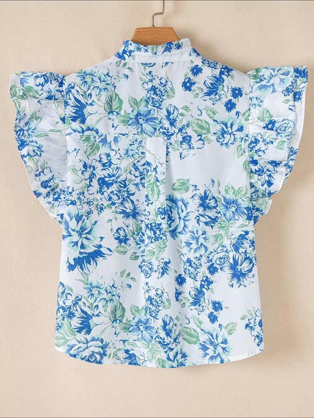 Blue & White Floral Ruffle Sleeve Blouse - Picture 3 of 6